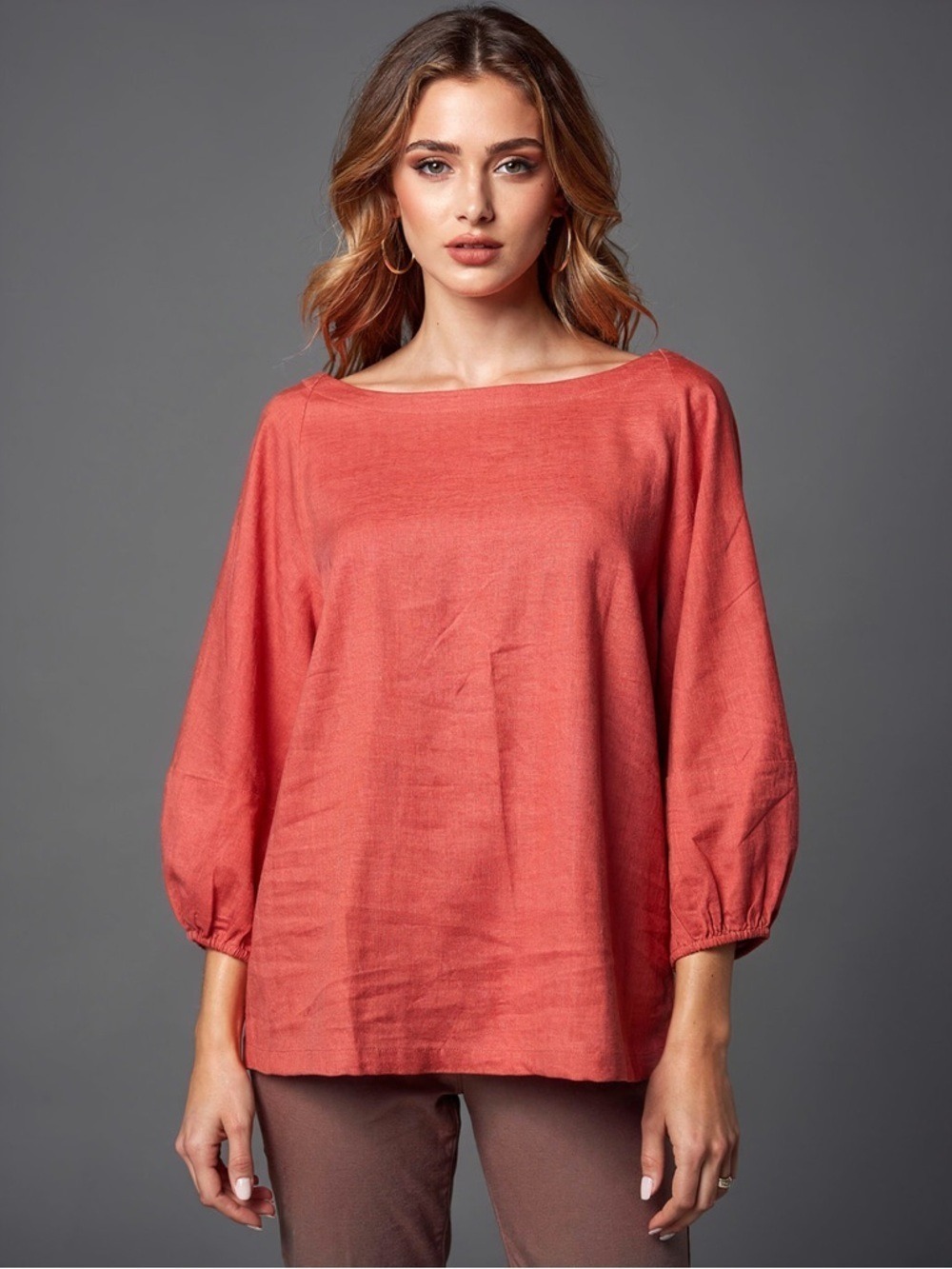 LOFT Terracotta Linen Blend Balloon Sleeve Blouse L NWT Boho Boatneck Top Rust